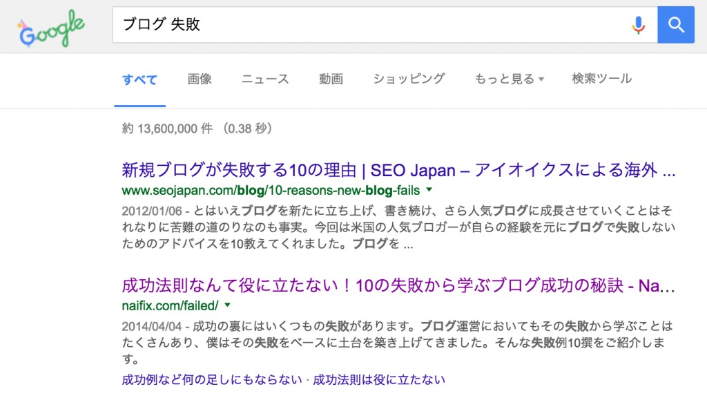 「ブログ　失敗」と調べて出てきた検索結果